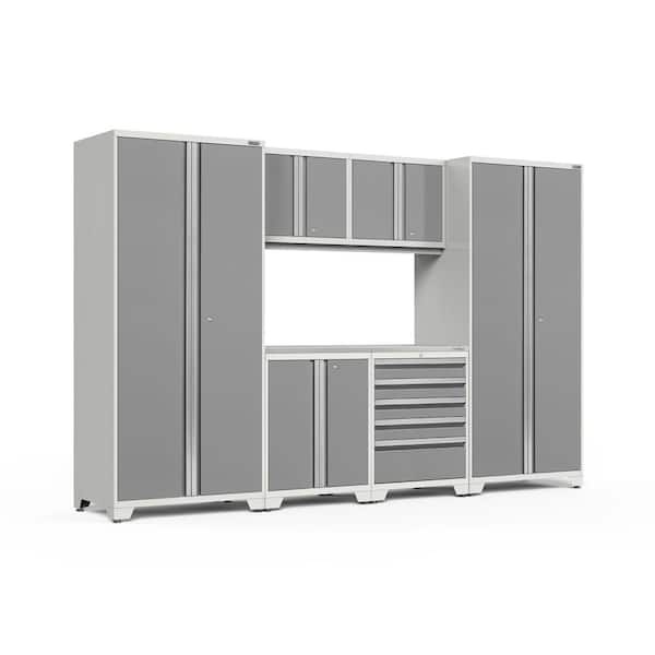 NewAge Products Pro Series 7-Piece 18-Gauge Stainless Steel Garage Storage System in Platinum (128 in. W x 85 in. H x 24 in. D)
