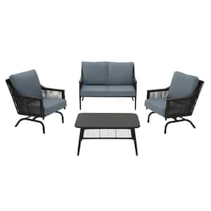 Bayhurst 4-Piece Black Wicker Outdoor Patio Conversation Seating Set with Sunbrella Denim Blue Cushions