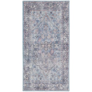 57 Grand Machine Washablee Light Grey/Blue 2 ft. x 4 ft. Bordered Traditional Kitchen Area Rug