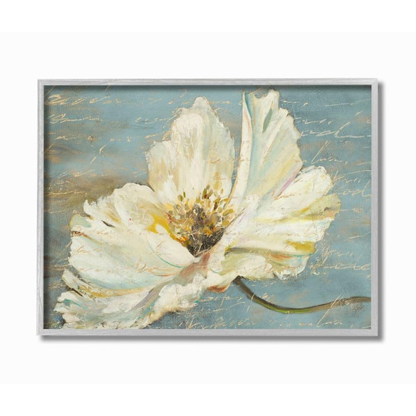 Stupell Industries 16 in. x 20 in. "Large Flower With Word Texture Blue Painting" by Patricia Pinto Framed Wall Art