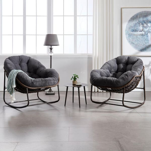 Wicker Outdoor Rocking Chair with Gray Cushion, Rattan Papasan