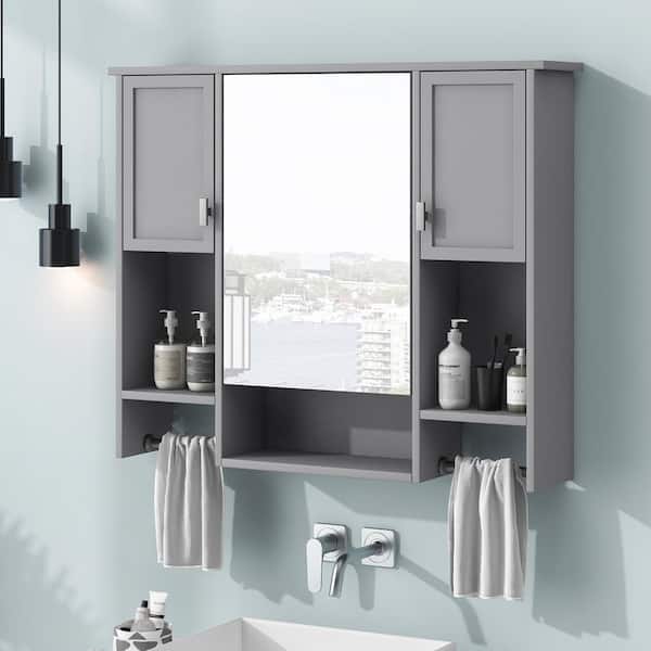 Unbranded 35 in. W x 6.7 in. D x 28.7 in. H Bathroom Storage Wall Cabinet with Mirror Towels Bar in Grey