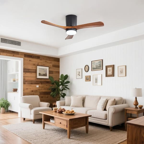 42 in. Indoor/Outdoor Black and Brown Flush Mount Standard Ceiling Fan with Integrated LED Light and Remote for Bedroom