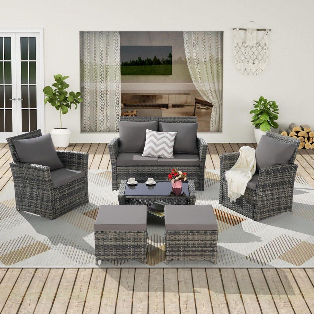 6-Piece Wicker Patio Conversation Set with Dark Gray Cushions and Coffee Ta