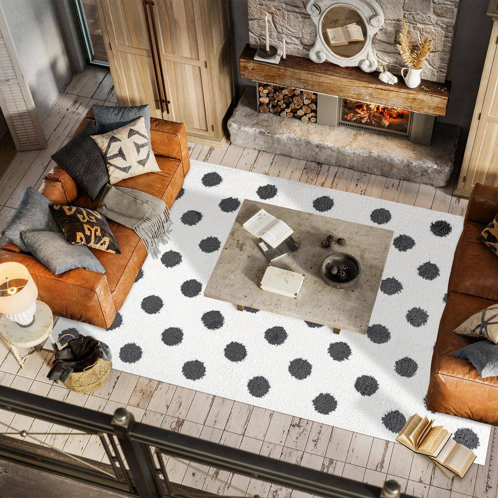 Easy-Care Charcoal and Ivory Polka Dot Shag Rug 3'x5'