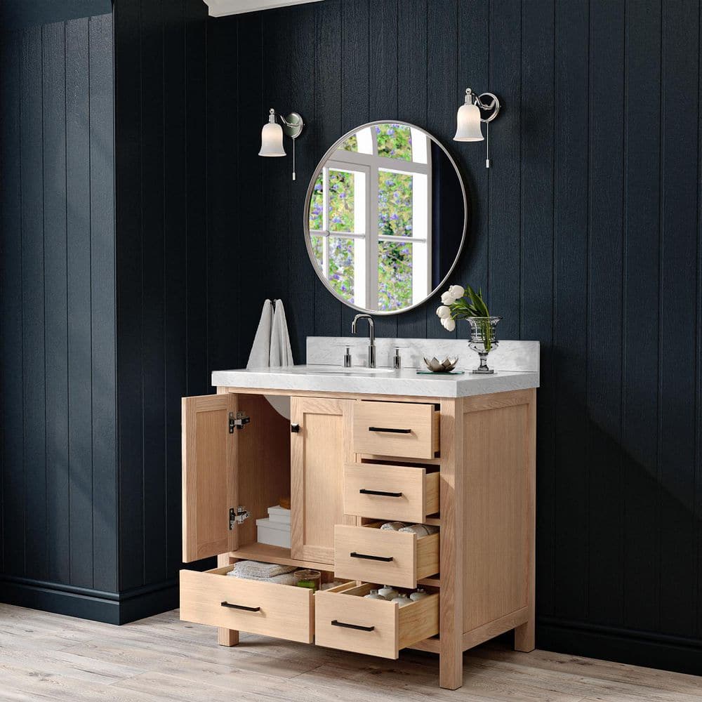 Oak Freestanding Vanity with Carrara Marble Top and Black Hardware