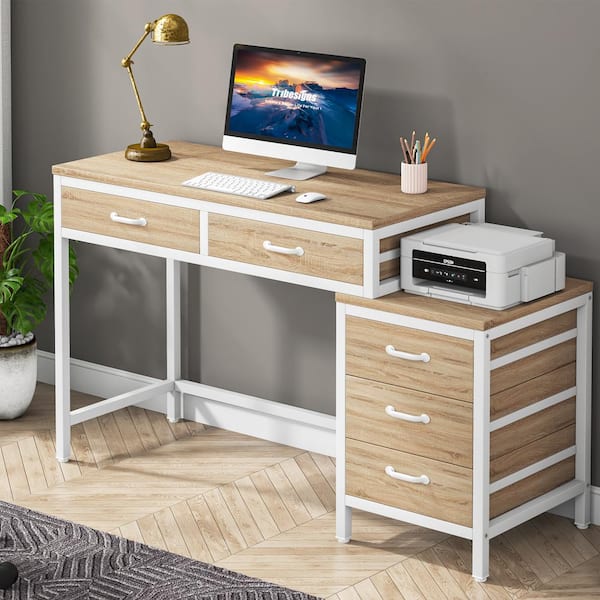 Modern Multi Storage Computer Desk with Storage Beige/White - Techni Mobili