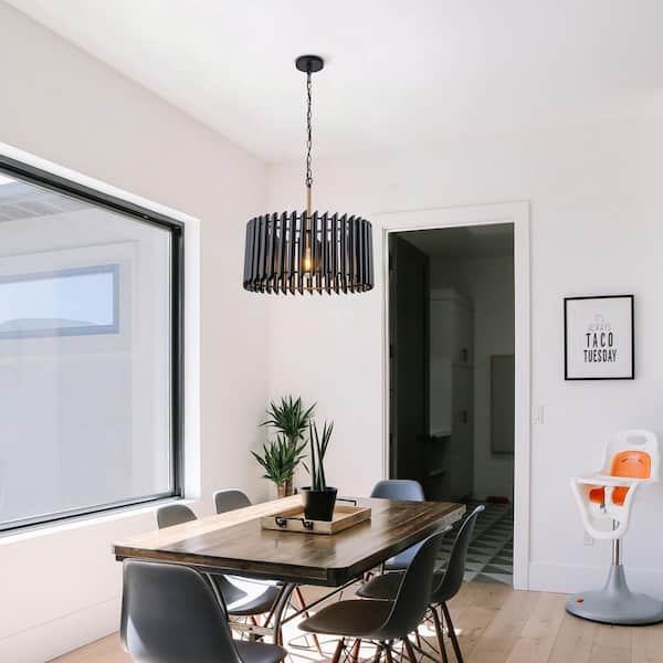 22.4 in. 1-Light Industrial Matte Black Drum Pendant Light Metal Chandelier for Dining Room/Bar