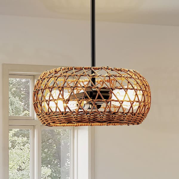 BYBLIGHT 50.4 in. 2-Light Black and Natural Brown Farmhouse Rattan Chandelier with Wicker Shade, ETL Certified