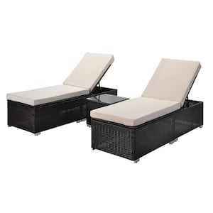 3-Piece PE Wicker Outdoor Chaise Lounge with Beige Cushions and Coffee Table Patio Recliners Poolside Lounge Chair