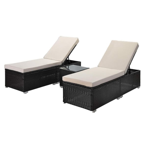 Unbranded 3-Piece PE Wicker Outdoor Chaise Lounge with Beige Cushions and Coffee Table Patio Recliners Poolside Lounge Chair