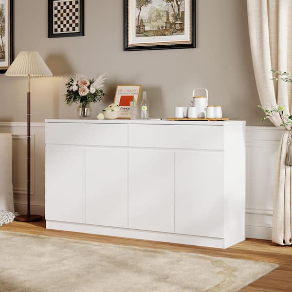 Ivoxa Modern 63 in. W White Wood Buffet Sideboard Cabinet with 2 Drawers and 4 Doors