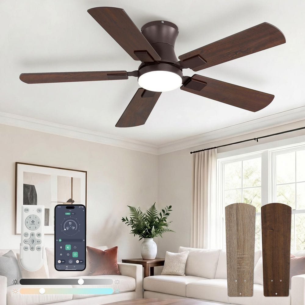 42 in. Brown Flush Mount Indoor/Outdoor Ceiling Fans with Lights Remote/APP Low Profile for Bedroom 3CCT 6 Speeds Timer price history on PriceWatchPro