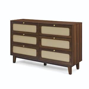 Natural Walnut 6-Drawer 52 in. Dresser Wood Bedroom Dresser Modern Drawer Chest Drawer Storage Cabinet