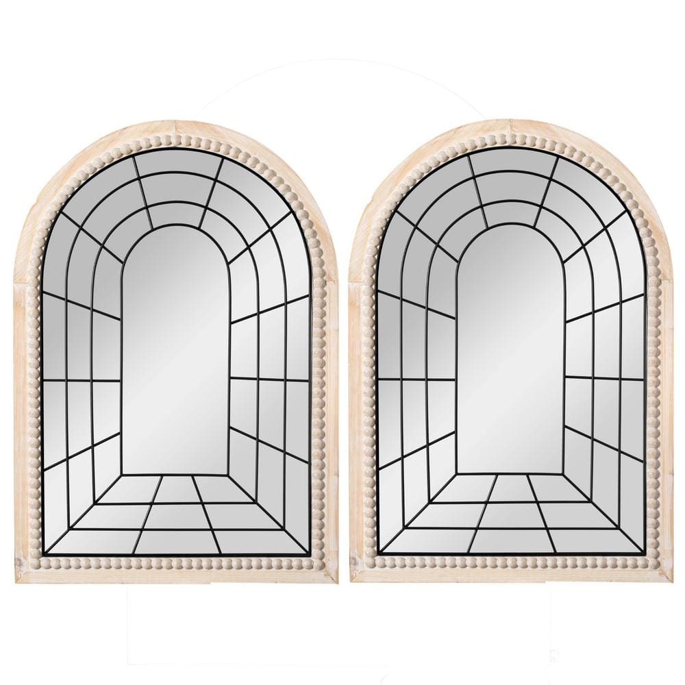 CLOCKWISE 27.56 in x 39.37 in Wood Natural Set of 2 Arched Large Window Metal Mirrors, Windowpane Shaped Wall Mounted Mirrors