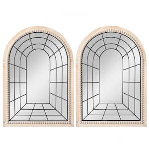 27.56 in x 39.37 in Wood Natural Set of 2 Arched Large Window Metal Mirrors, Windowpane Shaped Wall Mounted Mirrors