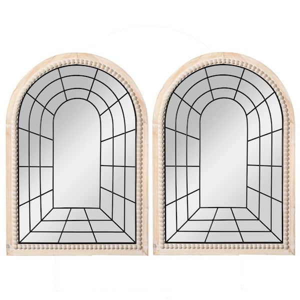 CLOCKWISE 27.56 in x 39.37 in Wood Natural Set of 2 Arched Large Window Metal Mirrors, Windowpane Shaped Wall Mounted Mirrors