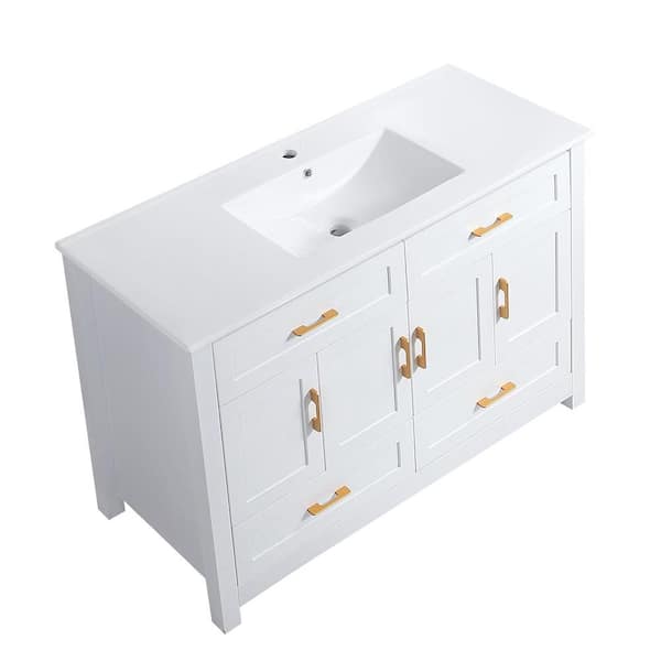 47.64 in. Single Sink Freestanding White Bath Vanity with White Ceramic Top, 4 Soft-Close Doors, 4 Drawer, Unassembled