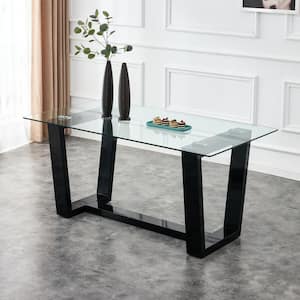Modern Rectangle Black Glass Pedestal Dining Table Seats for 6 (63.00 in. L x 30.00 in. H)