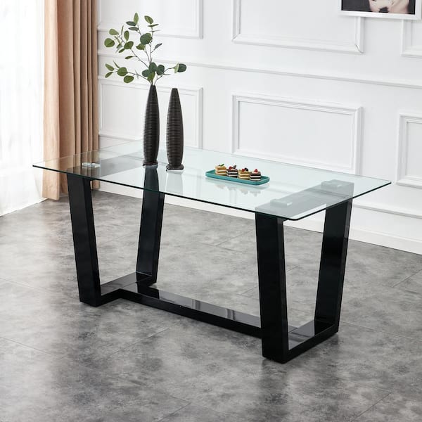 Polibi Modern Rectangle Black Glass 61.81 in. Pedestal Dining Table Seats for 6