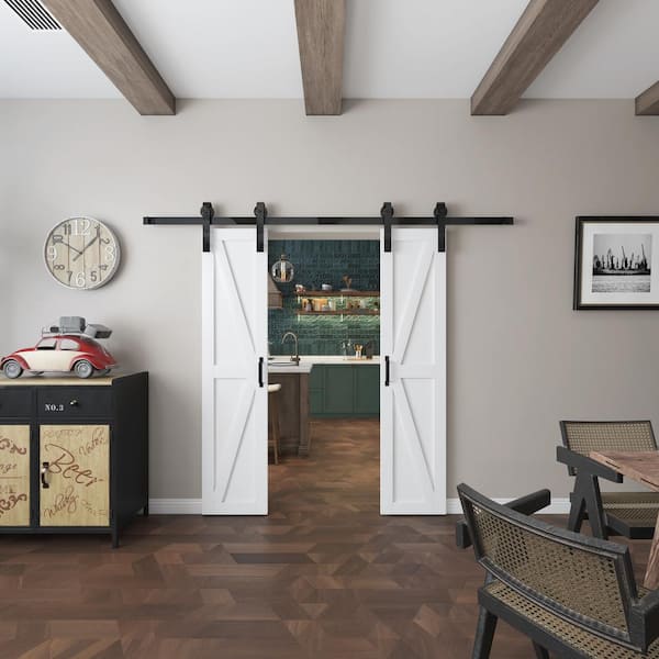 48 in. x 84 in. Paneled MDF Wood Finished K Shape Assembled Split double Sliding Barn Doors with Hardware Kit