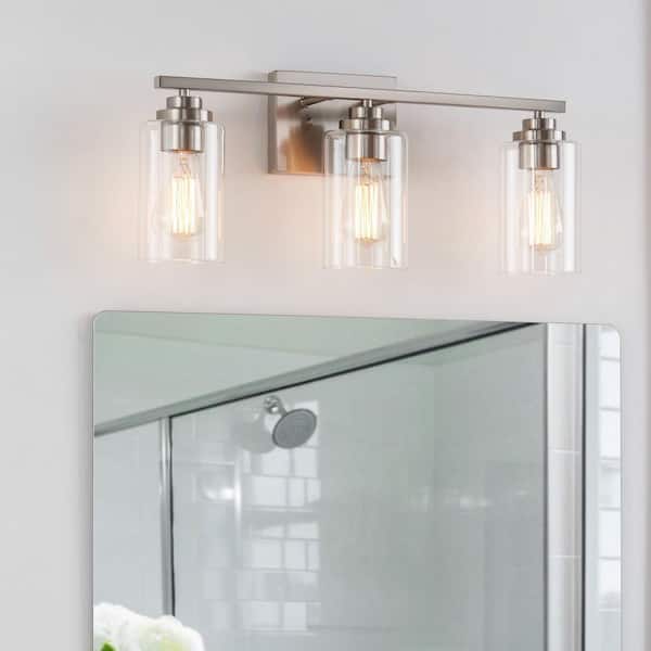 22 in. 3-Light Brushed Nickel Vanity Light with Clear Glass Shade