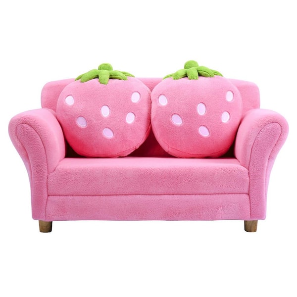 Costway Pink Kids Sofa Strawberry Armrest Chair Lounge Couch with 2 Pillow Children Toddler
