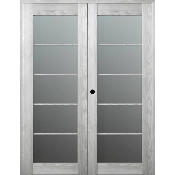 Belldinni Vona 5 Lite 56 in.x 96 in. Right Hand Active Frosted Glass Ribeira Ash Wood Composite Double Prehung French Door