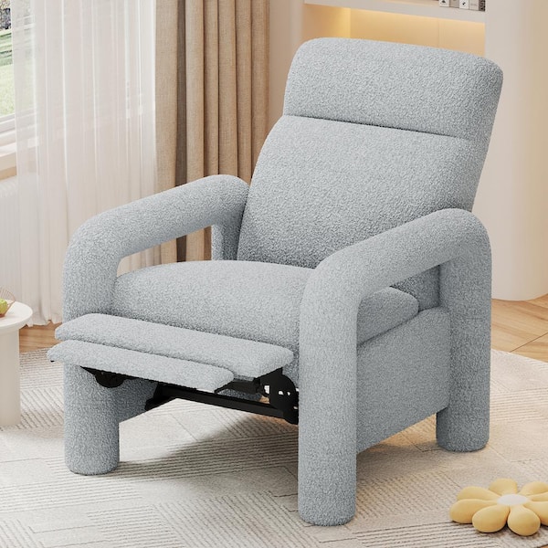 Manual Push Light Gray Teddy Fleece Fabric Wood Recliner Chair
