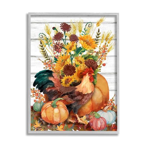Stupell Industries Rustic Sunflowers and Hen by Paul Brent 1 Piece Framed Graphic Print Animal Poster Art Print 20 in. x 16 in.