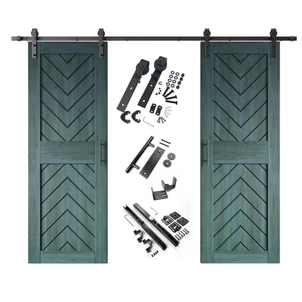JT4 30 in. x 84 in. C-Panel Royal Pine Fishbone Design Double Pine Wood Sliding Barn Door with Hardware Kit