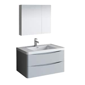 Tuscany 36 in. Modern Wall Hung Bath Vanity in Glossy Gray w/ Vanity Top in White w/ White Basin and Medicine Cabinet