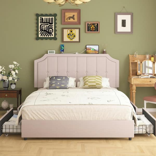 VECELO Button Tufted Upholstered Bed with 4-Drawers and Charging Station Modern Adjustable Headboard, Beige Queen Bed Frame
