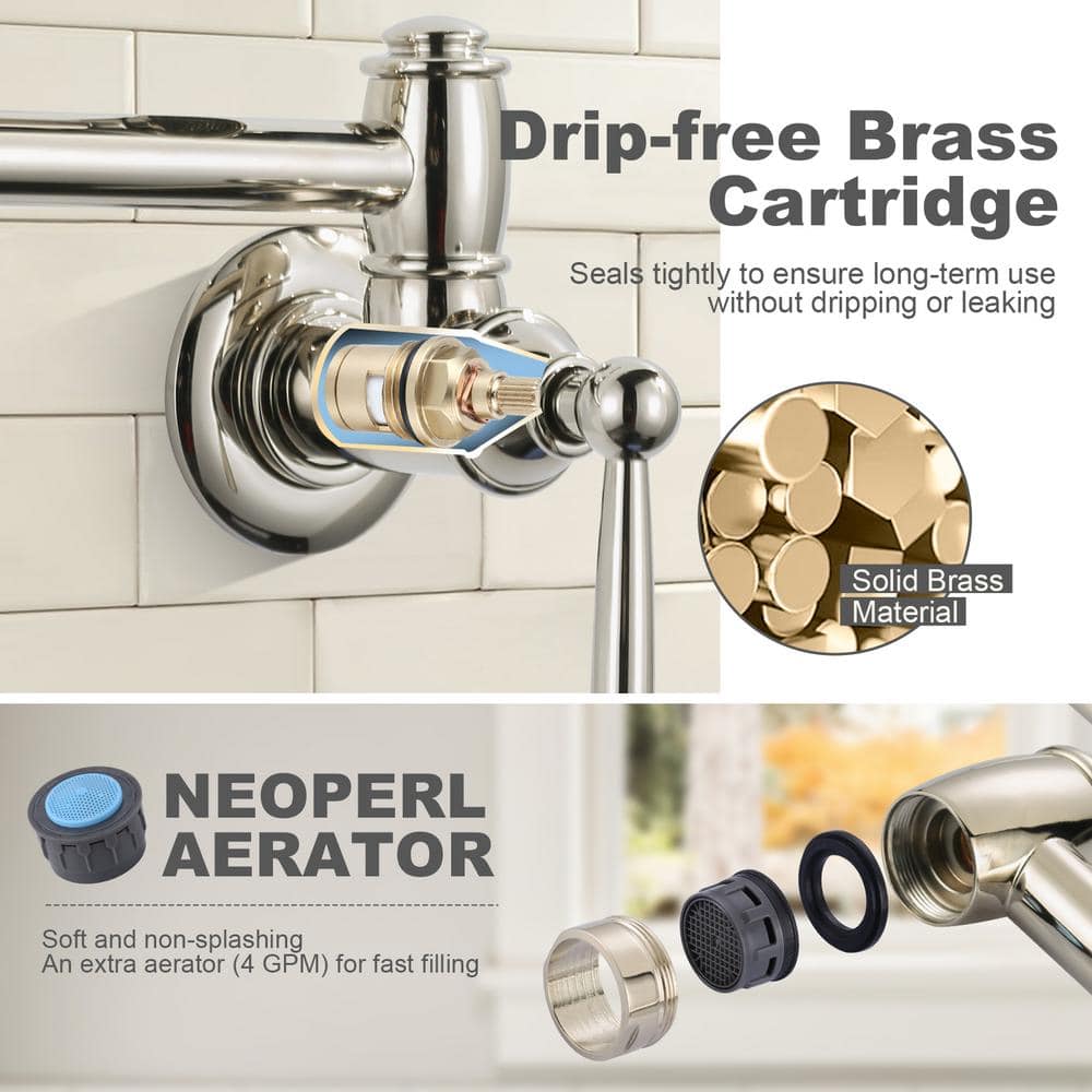 Polished Nickel Double Handle Wall Mount Pot Filler Faucet