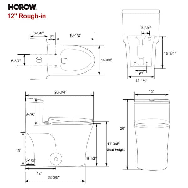 HOROW 1-Piece 0.8/1.28 GPF Dual Flush Elongated Toilet in Black Seat Included HR-0038B