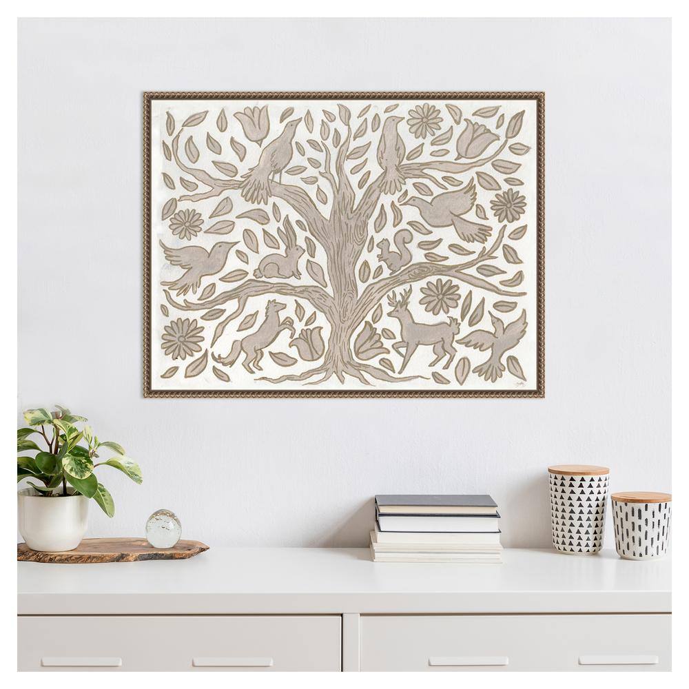 Neutral Grey Animal Tree Canvas Wall Art with Beaded Frame