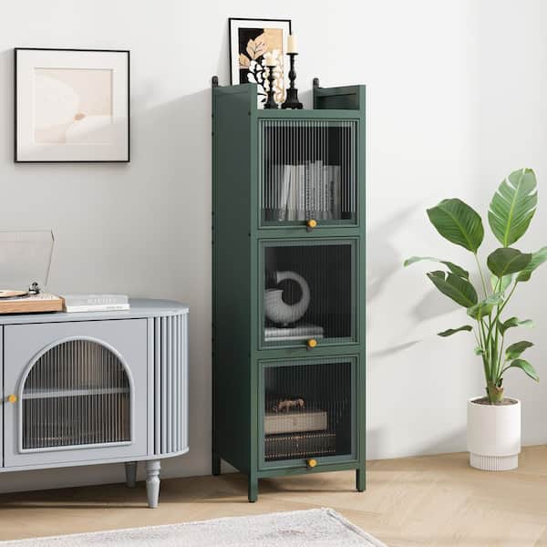 Tahanbath Modern 3-tier Glass Door Cabinet with Featuring 4-tier Storage, for Entryway, Dark green
