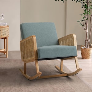 Classic Modern Wood Rocking Chair with Rattan Arms- Blue