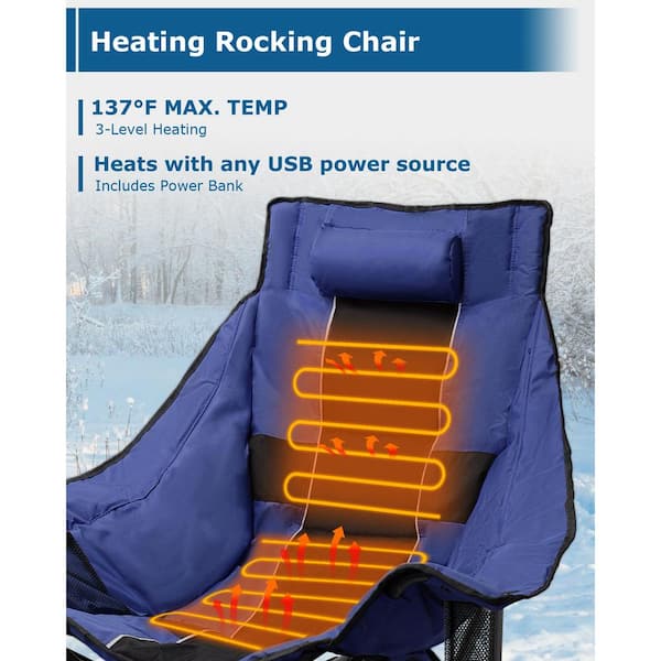 Blue and Black Oversized Heated Rocking Camping Chair, Portable Folding Heated Chairs Outdoor Sports with Power Bank