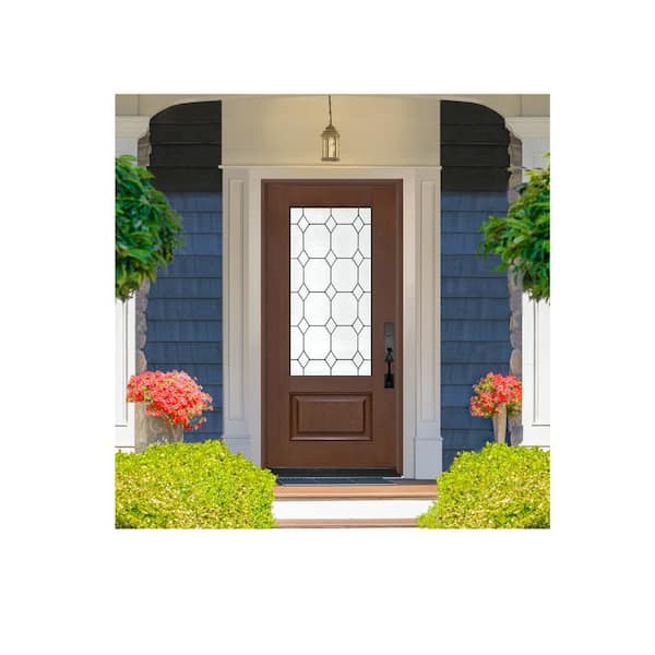 Regency 32 in. x 80 in. 3/4L Marquise Glass LHIS Chestnut Stain Fiberglass Prehung Front Door with 4-9/16 Jamb