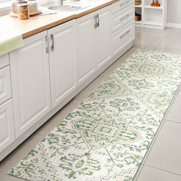 JONATHAN Y Estrella Green/Cream 2 ft. x 10 ft. Bohemian Medallion Textured Weave Indoor/Outdoor Area Rug