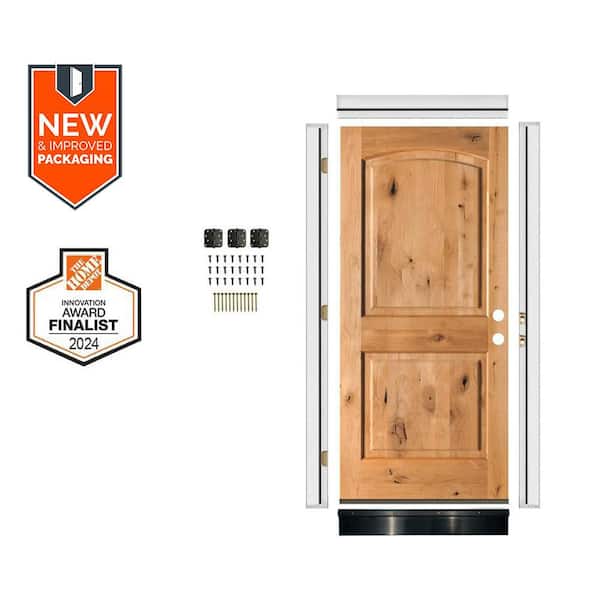 DIY 32 in. x 80 in. Knotty Alder 2-Panel Left-Hand Top Arch Clear Stain Single Wood Front Door Kit w/Quick Assemble Jamb