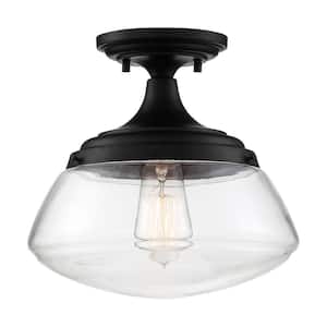 Kew 10.38 in. 1-Light Aged Bronze/Clear Transitional Semi-Flush Mount with Clear Glass Shade and No Bulbs Included