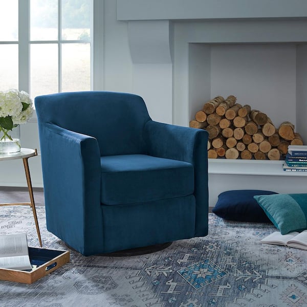 Bradney Blue Velvet Arm Chair with Removable Cushions & Swivel