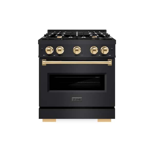 Classic 30 in. 4-Burner Dual Fuel Range with Convection Oven in Black Stainless Steel and Polished Gold