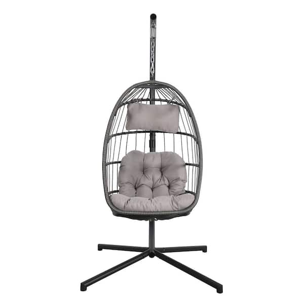 Patiorama Indoor Outdoor Egg Swing Chair with Stand, Oversized  Cocoon-Shaped Rope Woven Hanging Chair W/Cushion, Safety Strap, Patio  Wicker Foldable