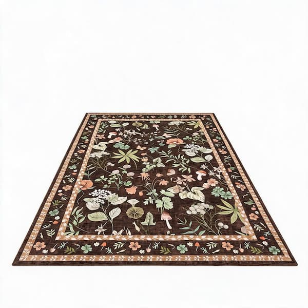Brown 5 X 7 ft. Modern Floral Washable Low Pile Non-Slip Indoor Carpet for Living Room, Bedroom, Dining Room Area Rug