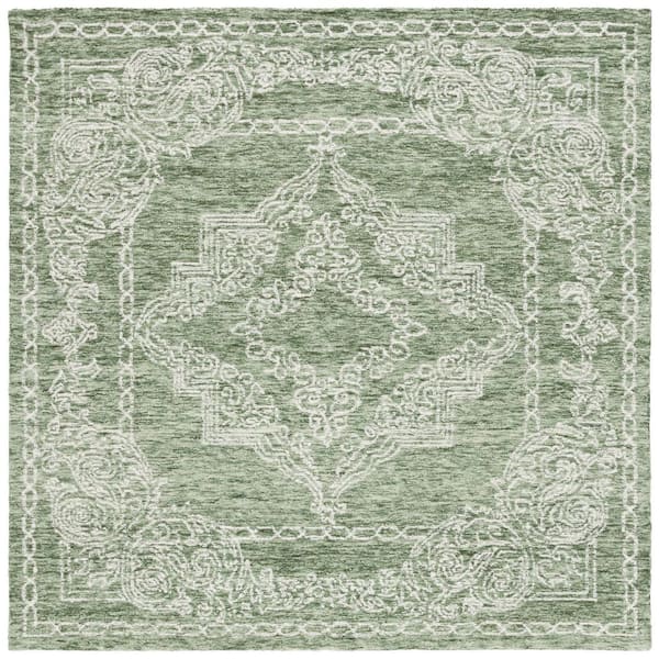 Metro 3 ft. x 3 ft. Green/Ivory Medallion Distressed Square Area Rug