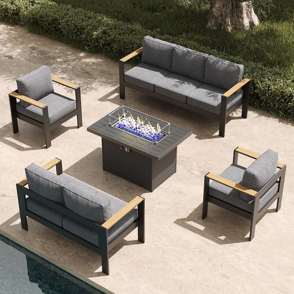 LayinSun 5-Piece Aluminum Outdoor Wood-Plastic Armrest Conversation Set with 55000 BTU Propane Firepit Table and Gray Cushion