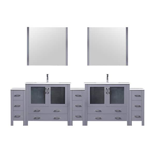 Volez 108 in.W x 18.25 in.D Dark Grey Double Bath Vanity w/ Side Cabinets,White Ceramic Top, 34 in. Mirrors & Faucet Set